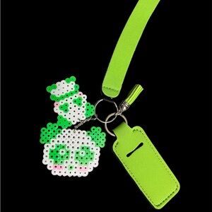 Green and White Beaded Panda Keychain with Strap